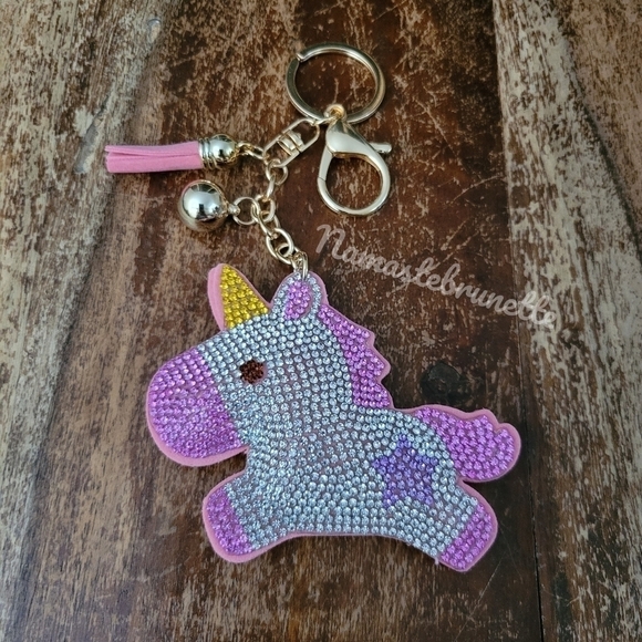 Unicorn Crystal Rhinestone Keychain Bag Charm With Blue Tassel - Picture 5 of 16